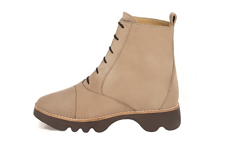 Tan beige women's ankle boots with laces at the front.. Profile view - Florence KOOIJMAN